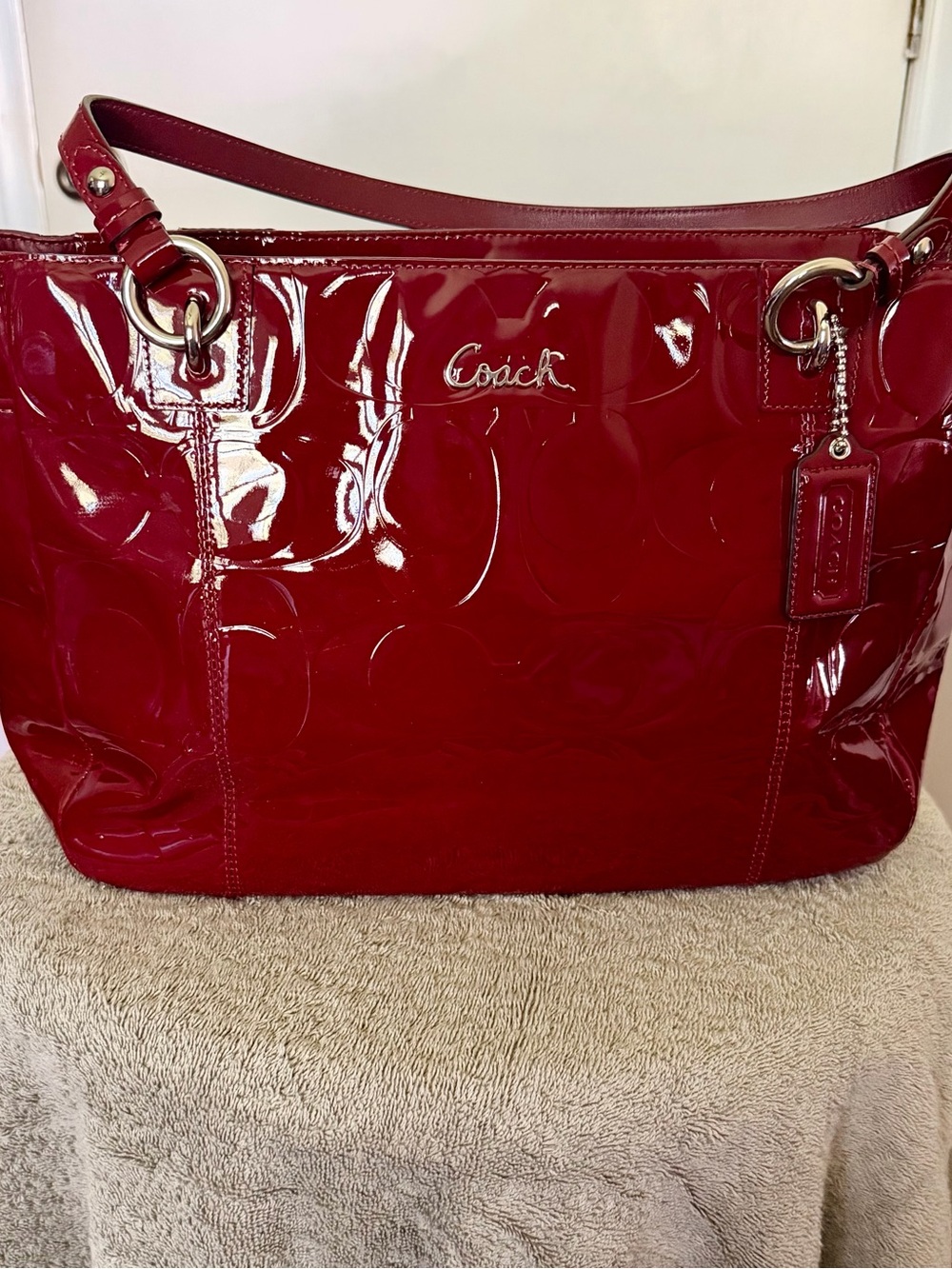 Coach Patent-Embossed Patent Leather Tote in Cherry Red
